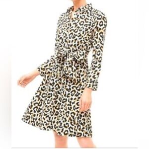 J.Crew Womens Leopard Print Tie-waist Shirt Dress Cotton Poplin Button Up